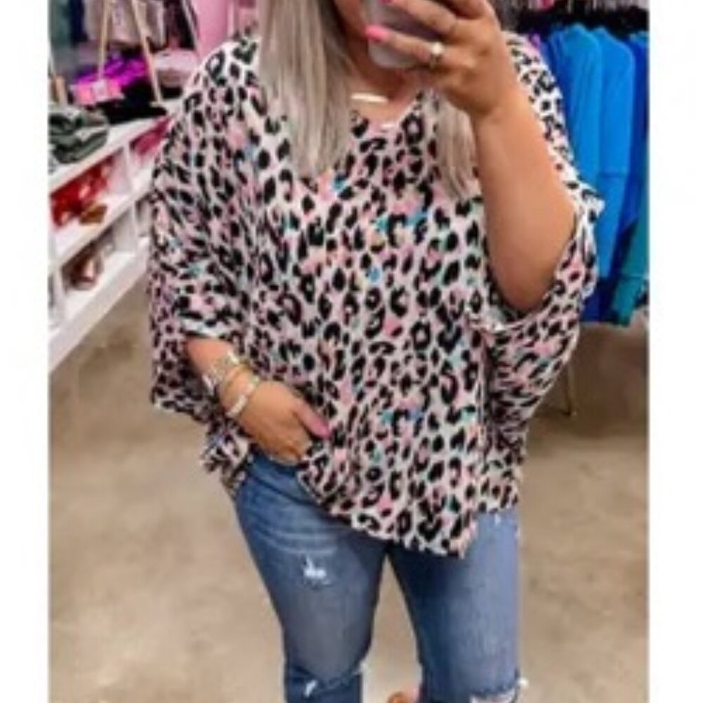 Plus Size Brown Leopard Print V Neck Batwing Blouse